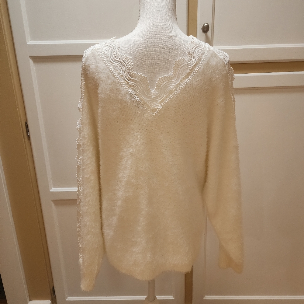 Sweet Lovely by Jen Elegant White Lace-Trimmed Sweater - Picture 5 of 9